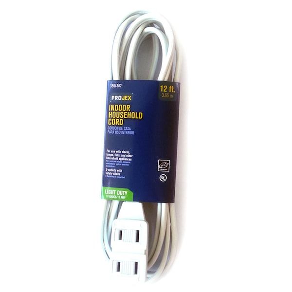 Projex SPT-2 Extension Cord, 16 AWG, Indoor, 16/2, 3 Outlets, White, PVC, 12 ft IN162PT212WHP - main